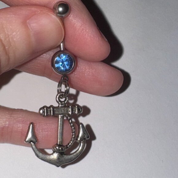 Large Anchor with Rope and Light Blue Gem Dangle Belly Ring - Picture 2 of 16